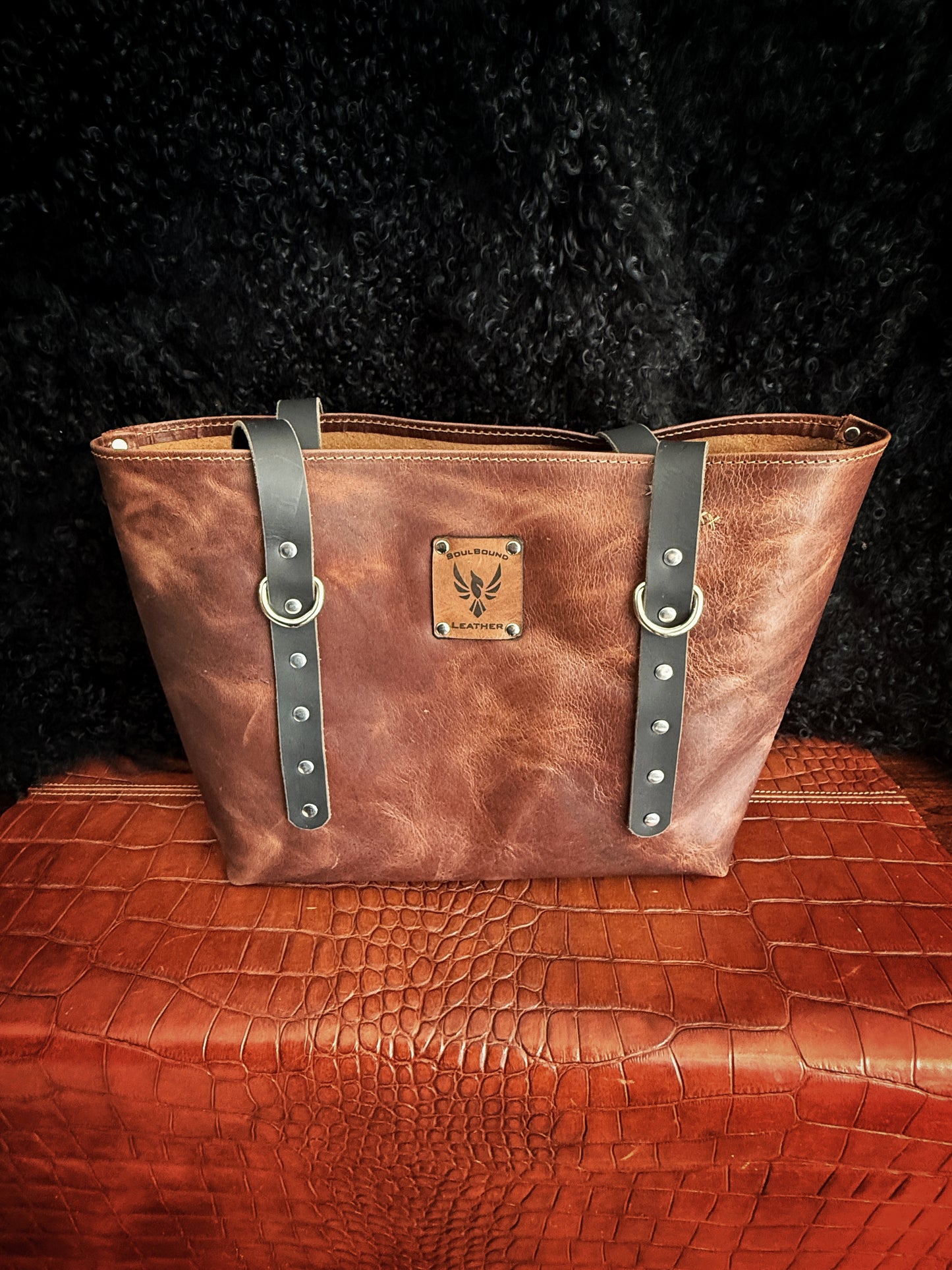 Dustwalker Tote - Small -Reddish Brown with Embossed Croc (Water Buffalo Straps) 217