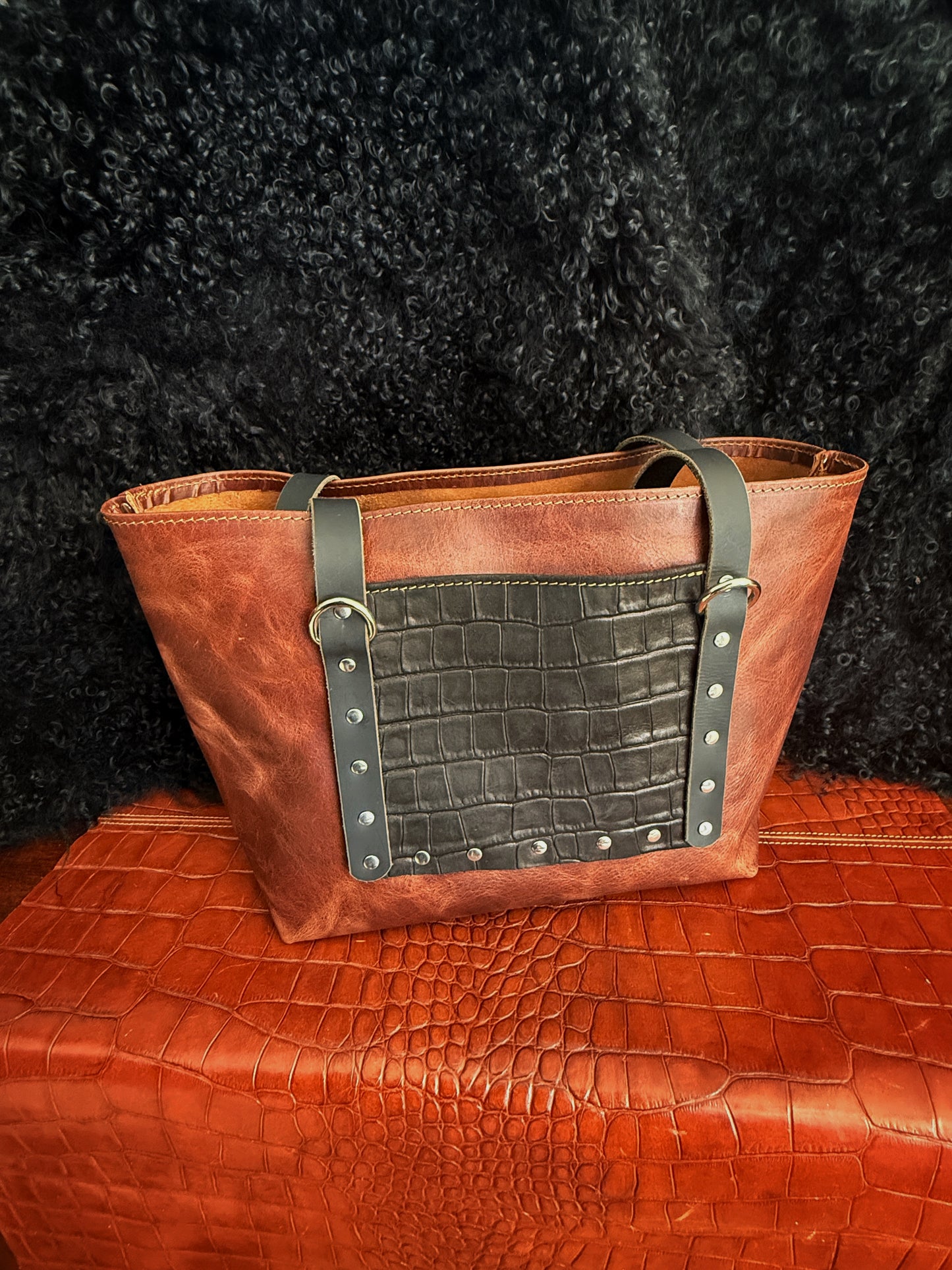 Dustwalker Tote - Small -Reddish Brown with Embossed Croc (Water Buffalo Straps) 217