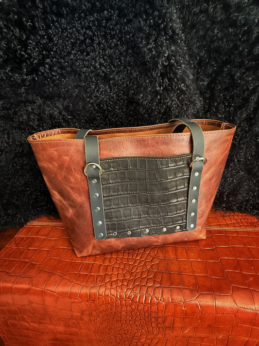 Dustwalker Tote - Small -Reddish Brown with Embossed Croc (Water Buffalo Straps) 217