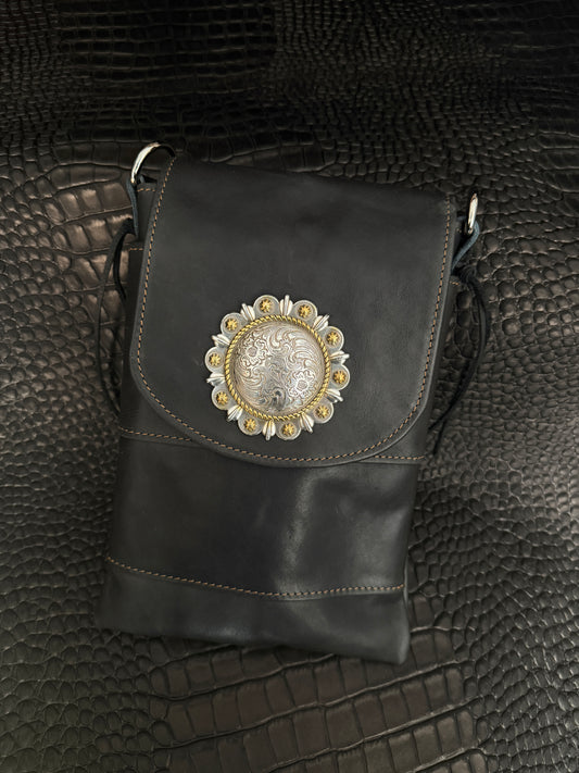 Standard Night Rider Leather Crossbody Bag - With Large Concho - Western Gothic Biker Purse | SoulBound Leather 221